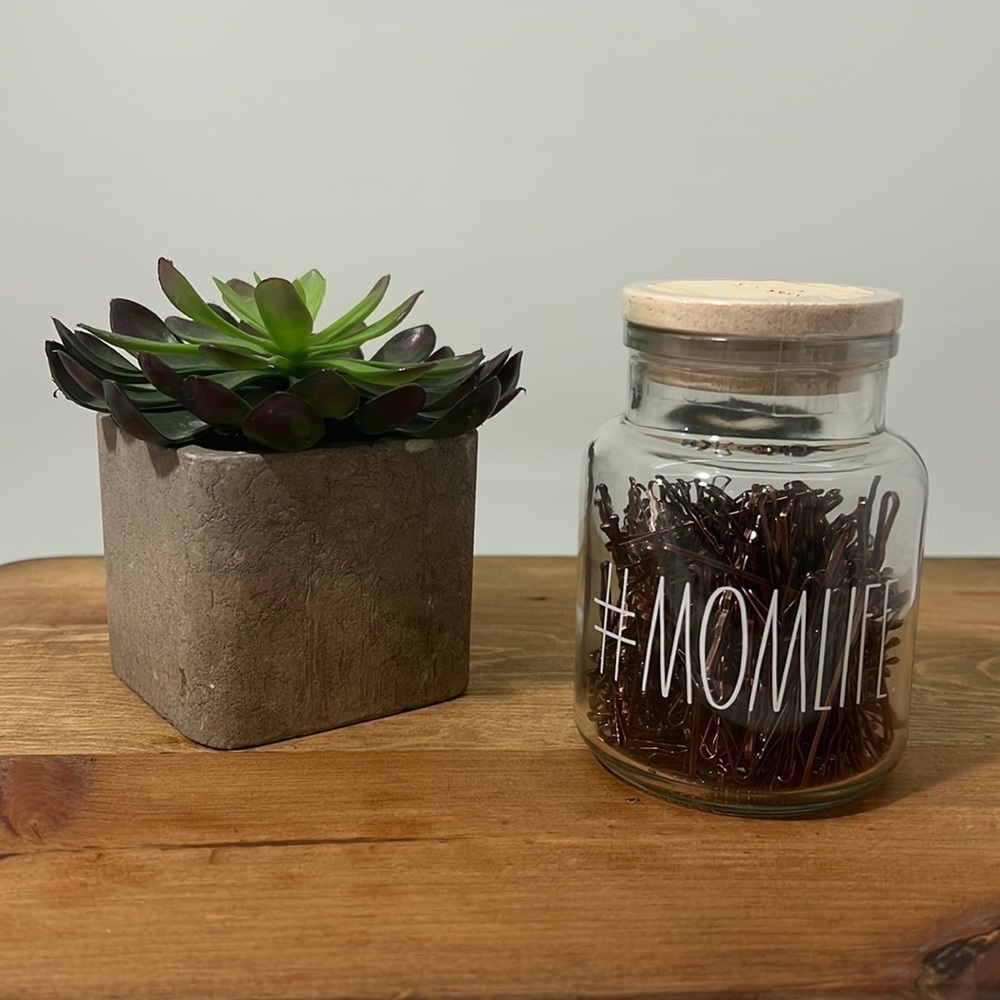 ✨RAE DUNN Glass Jar filled with bobby pins.
